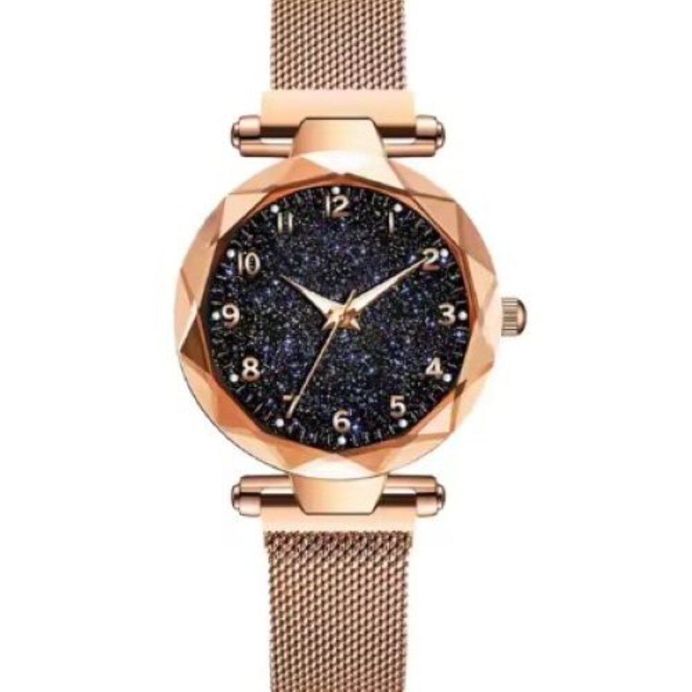 Starry Sky Watch - Beige, Black Sparkle Face, Large Number Time Marker
